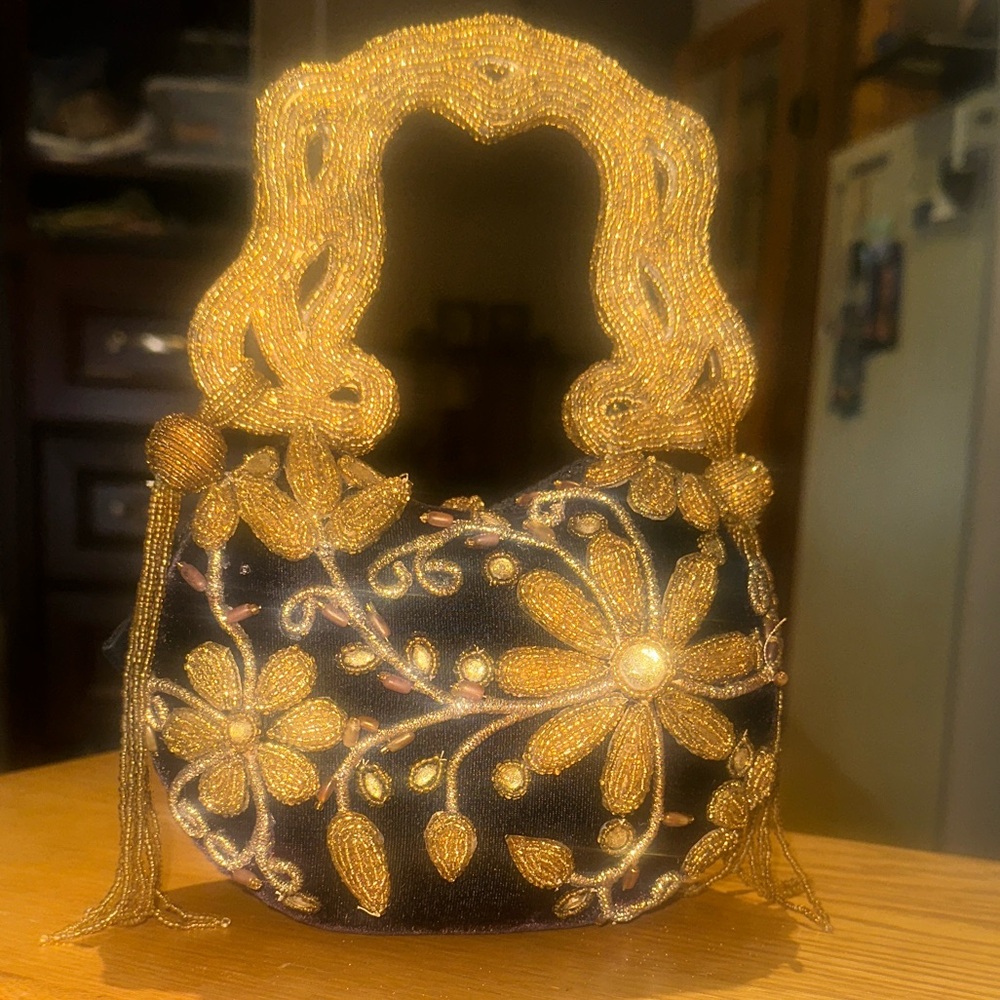 Rare Elegant Mary Frances Black Velvet and Gold Embroidered Evening Handbag